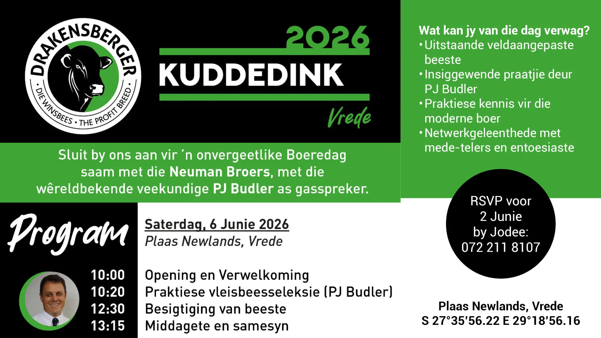 Drakensberger 2026 Kuddedink | 6 Junie 2026 | Plaas Newlands, Vrede