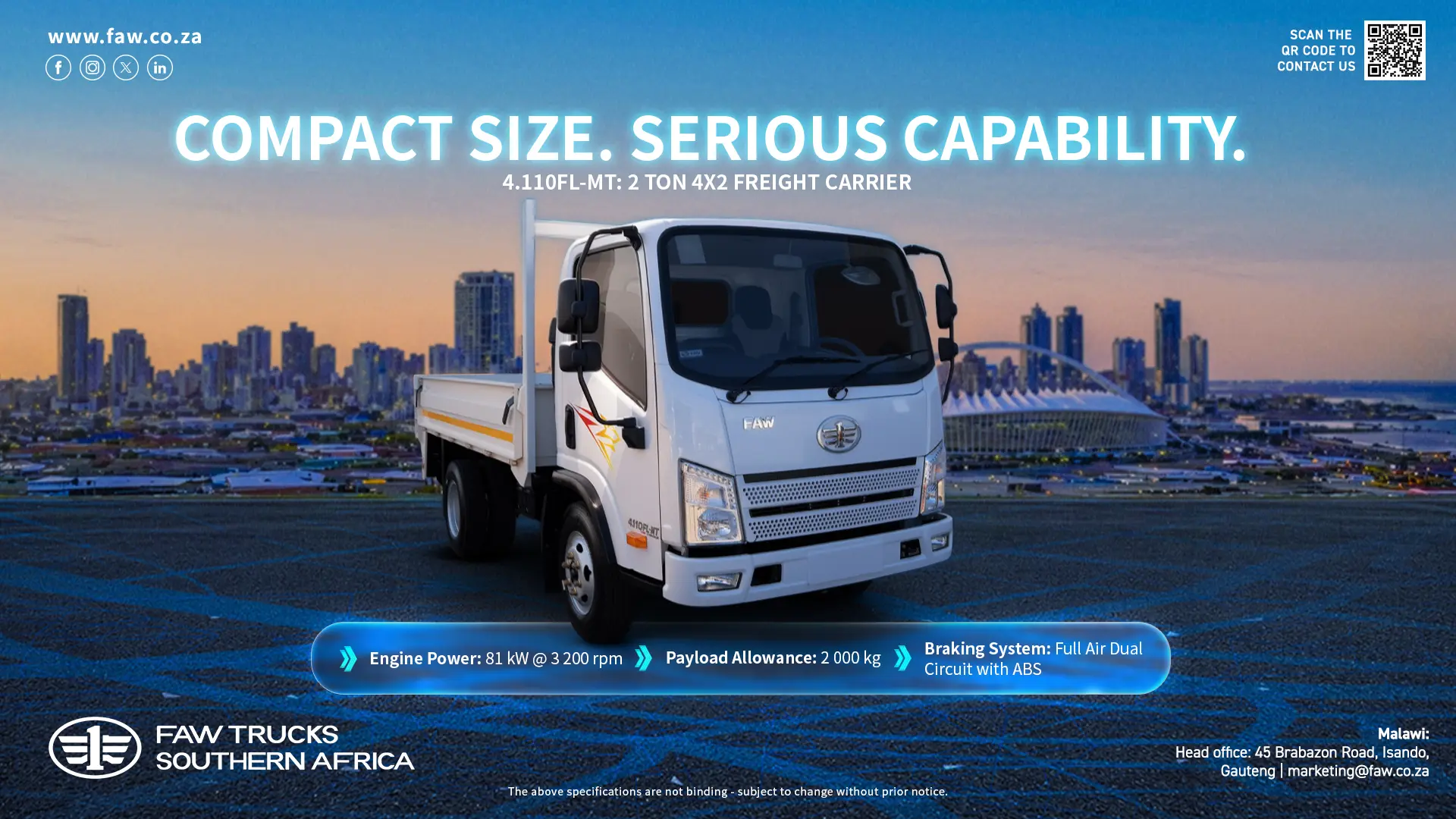 Compacts Size | Serious Capability | 4.110 FL-MT 2 Ton 4x2 Freight Carrier | FAW Trucks Southern Africa