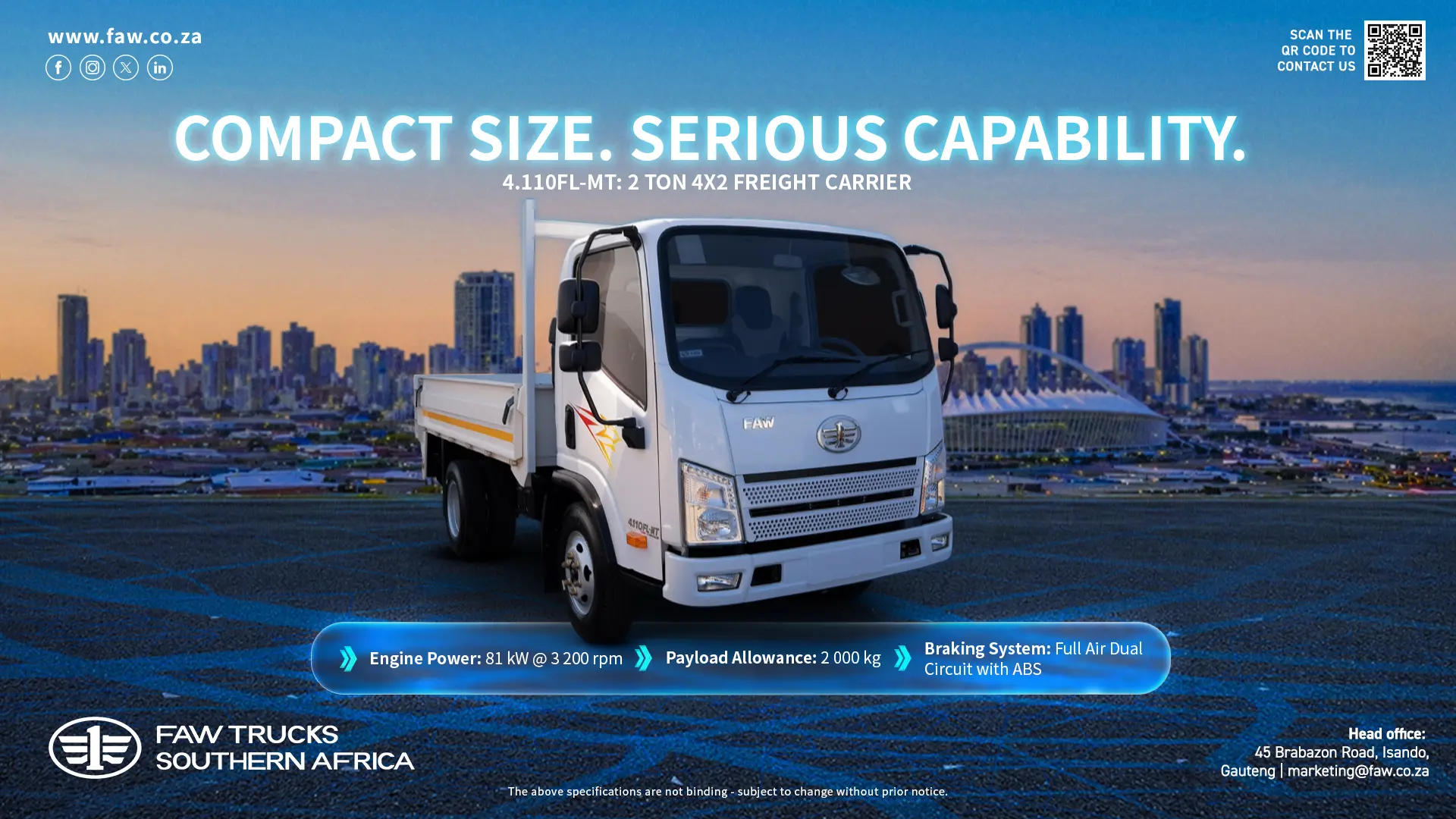 Compacts Size | Serious Capability | 4.110 FL-MT 2 Ton 4x2 Freight Carrier | FAW Trucks Southern Africa