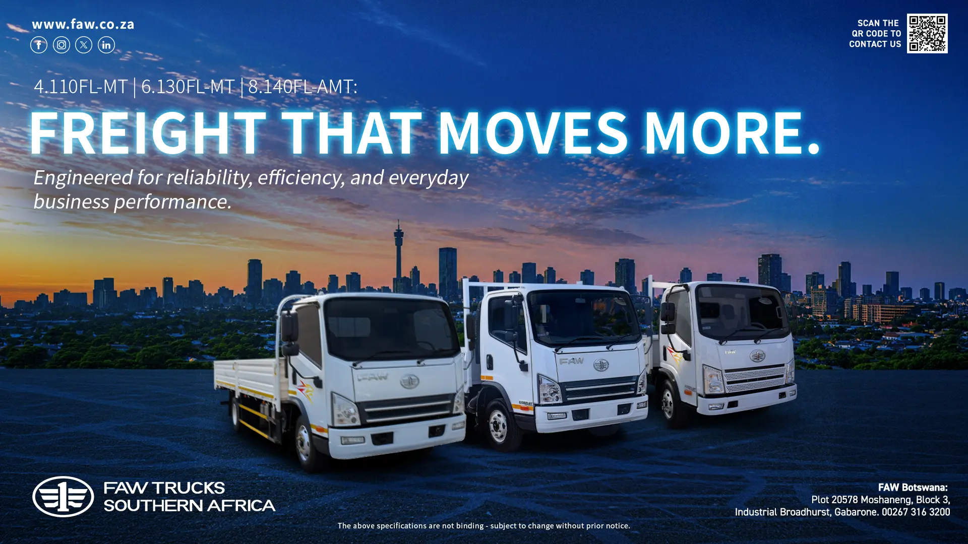 Freight that moves more | 4.110 FL-MT | 6.130 FL-MT | 8.140 FL-AMT | FAW Trucks Southern Africa