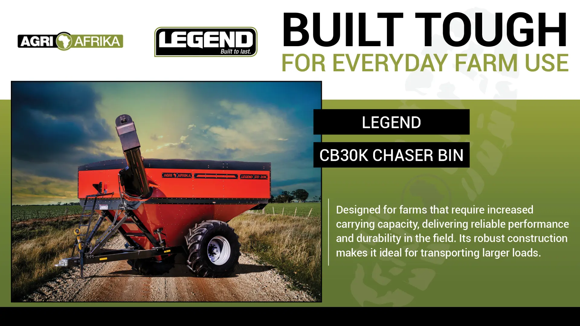 Built tough for everyday farm use | Legend CB30K Chaser Bin | Agri Afrika