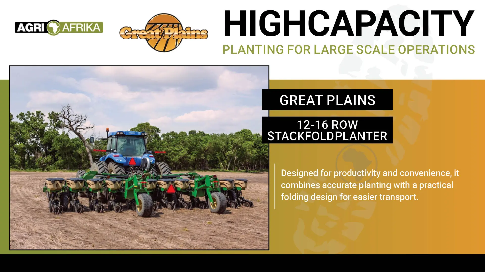 High capacity planting for large scale operations | Great Plains 12-16 Row Stack-Fold Planter | Agri Afrika