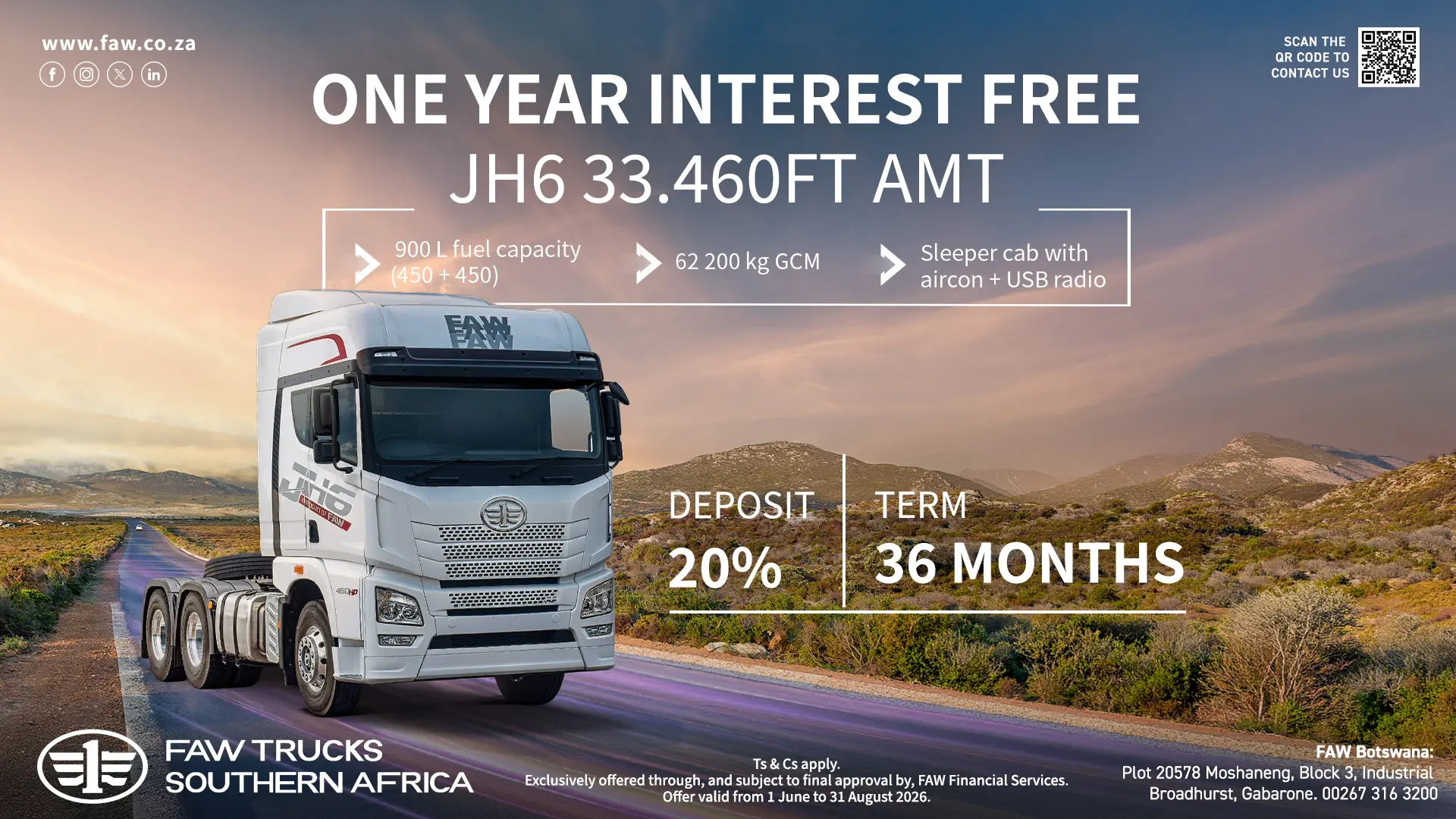 One year INTEREST FREE | JH6 33.460FT-AMT | FAW Trucks Southern Africa