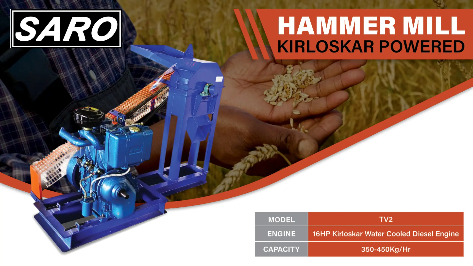 Up to 450 Kg/Hr: Pure Milling Power from Saro Agro | Kirloskar-Powered Hammer Mill | Saro Agro