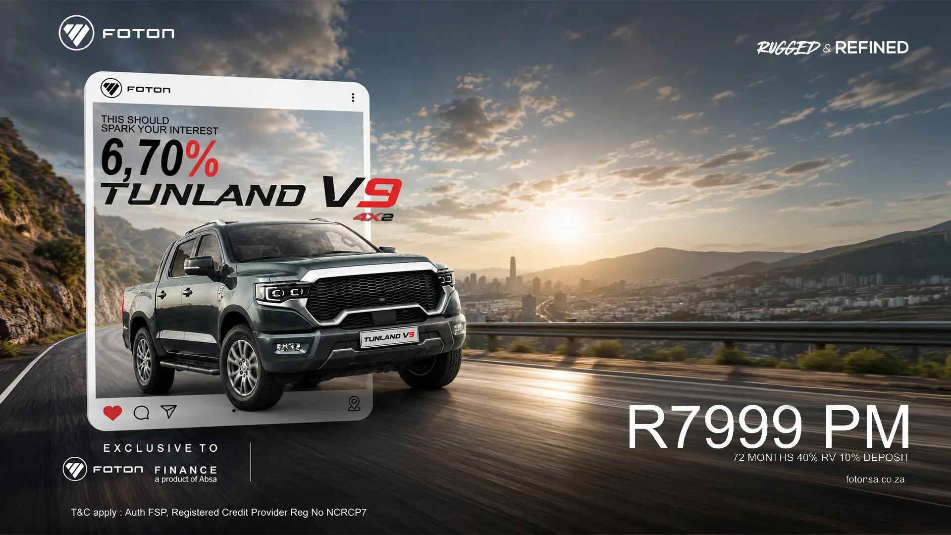 Claim this exclusive offer: Foton Tunland V9 4x2 double cab from an Incredible R7,999 PM!