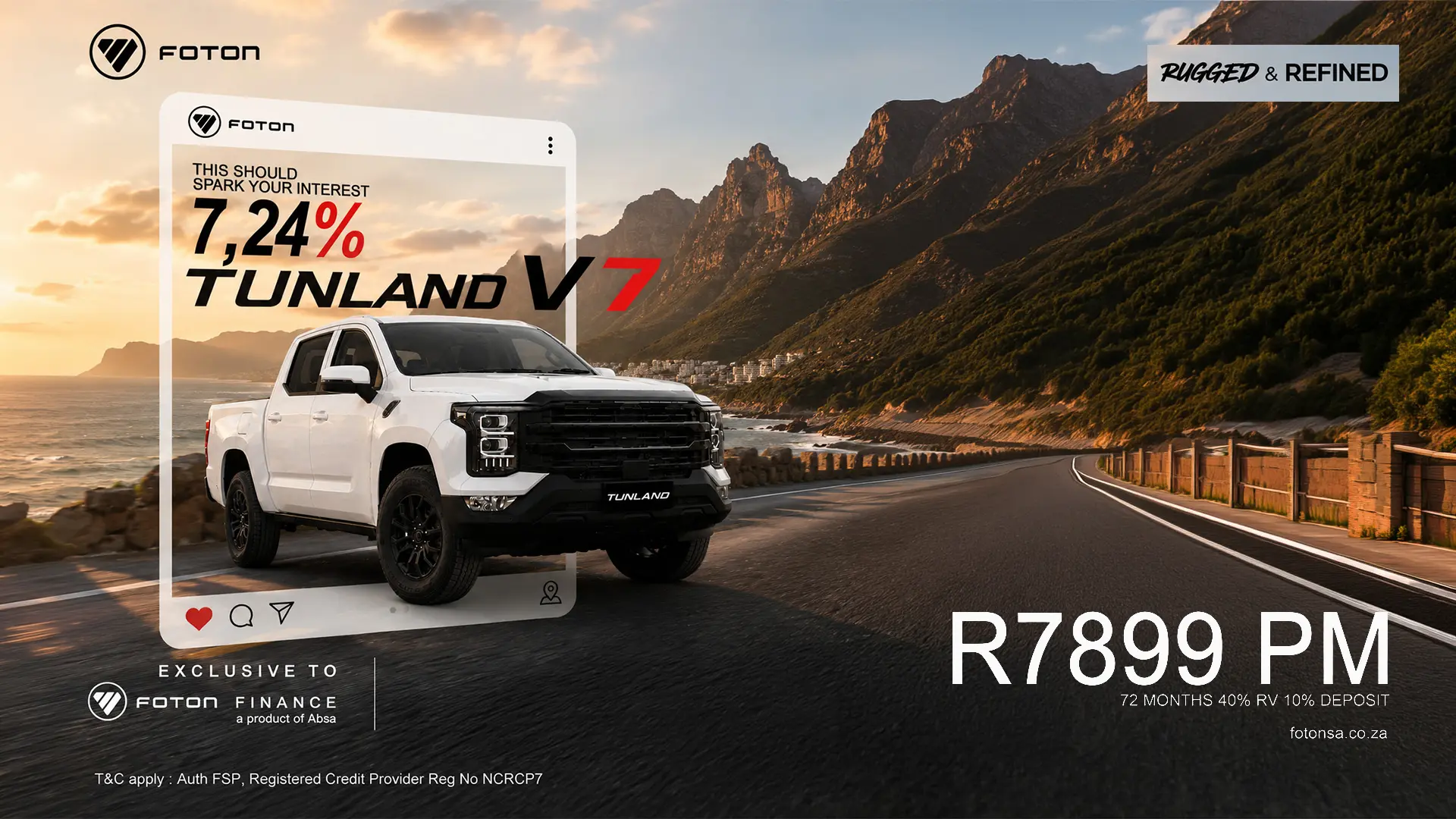 Who said luxury bakkies cost more? Own the Foton Tunland V7 double cab from R7,899 PM!