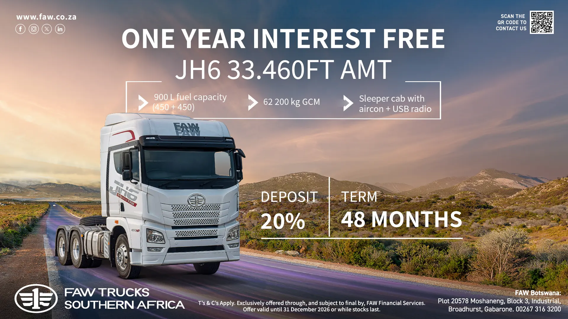 One year INTEREST FREE | JH6 33.460FT-AMT | FAW Trucks Southern Africa