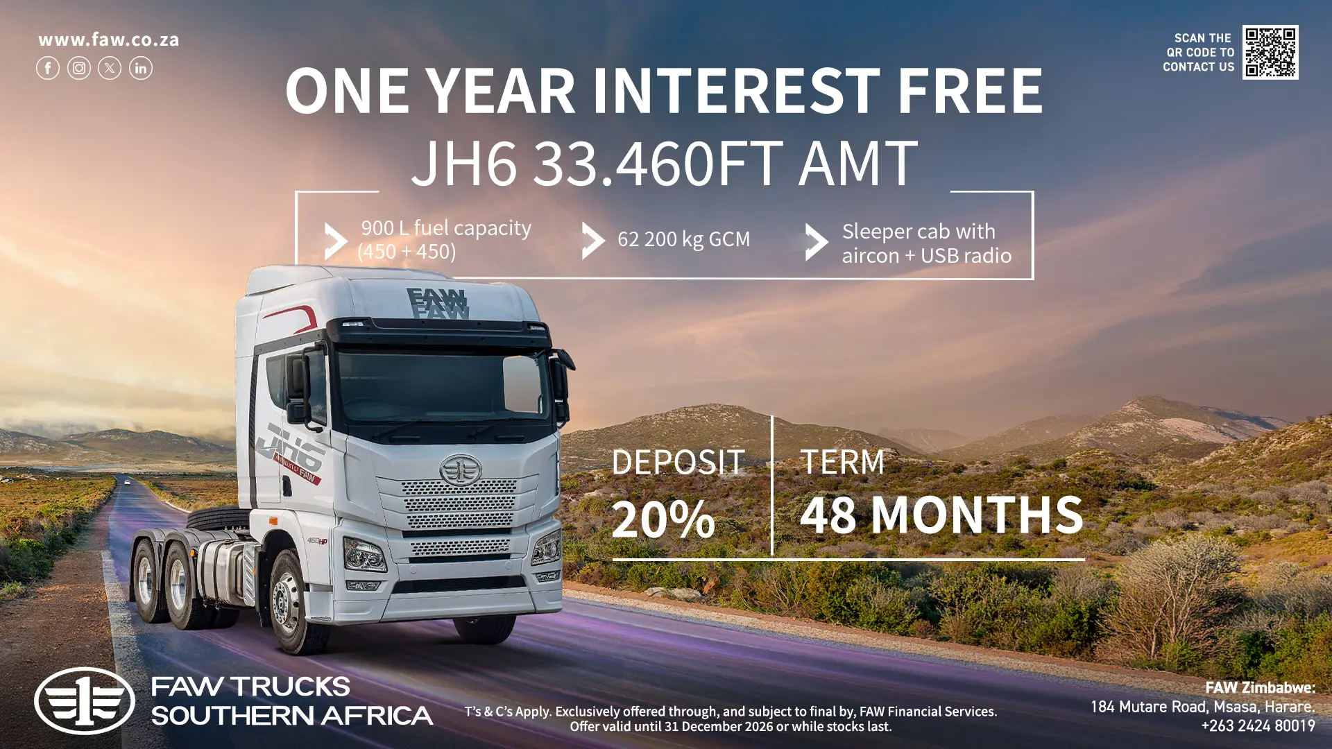 One year INTEREST FREE | JH6 33.460FT-AMT | FAW Trucks Southern Africa