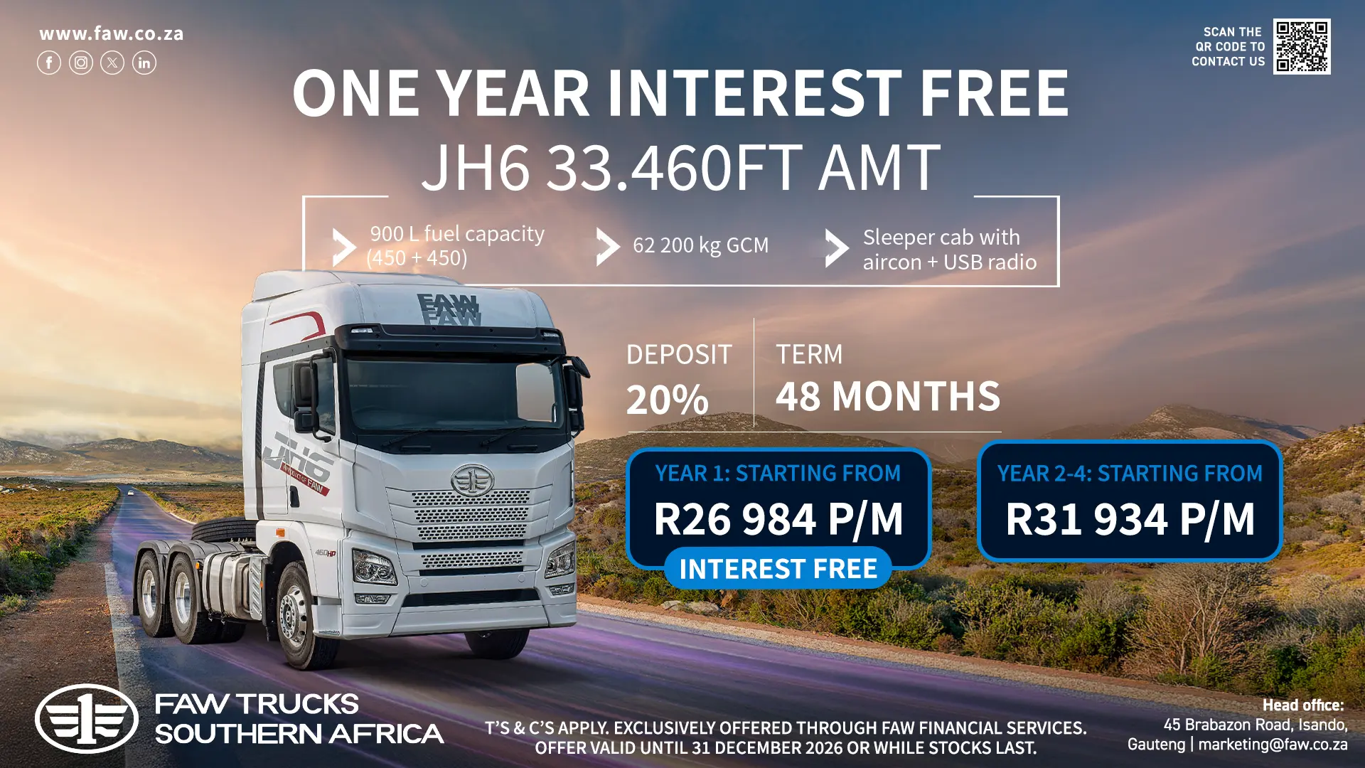 One year INTEREST FREE | JH6 33.460FT-AMT | FAW Trucks Southern Africa