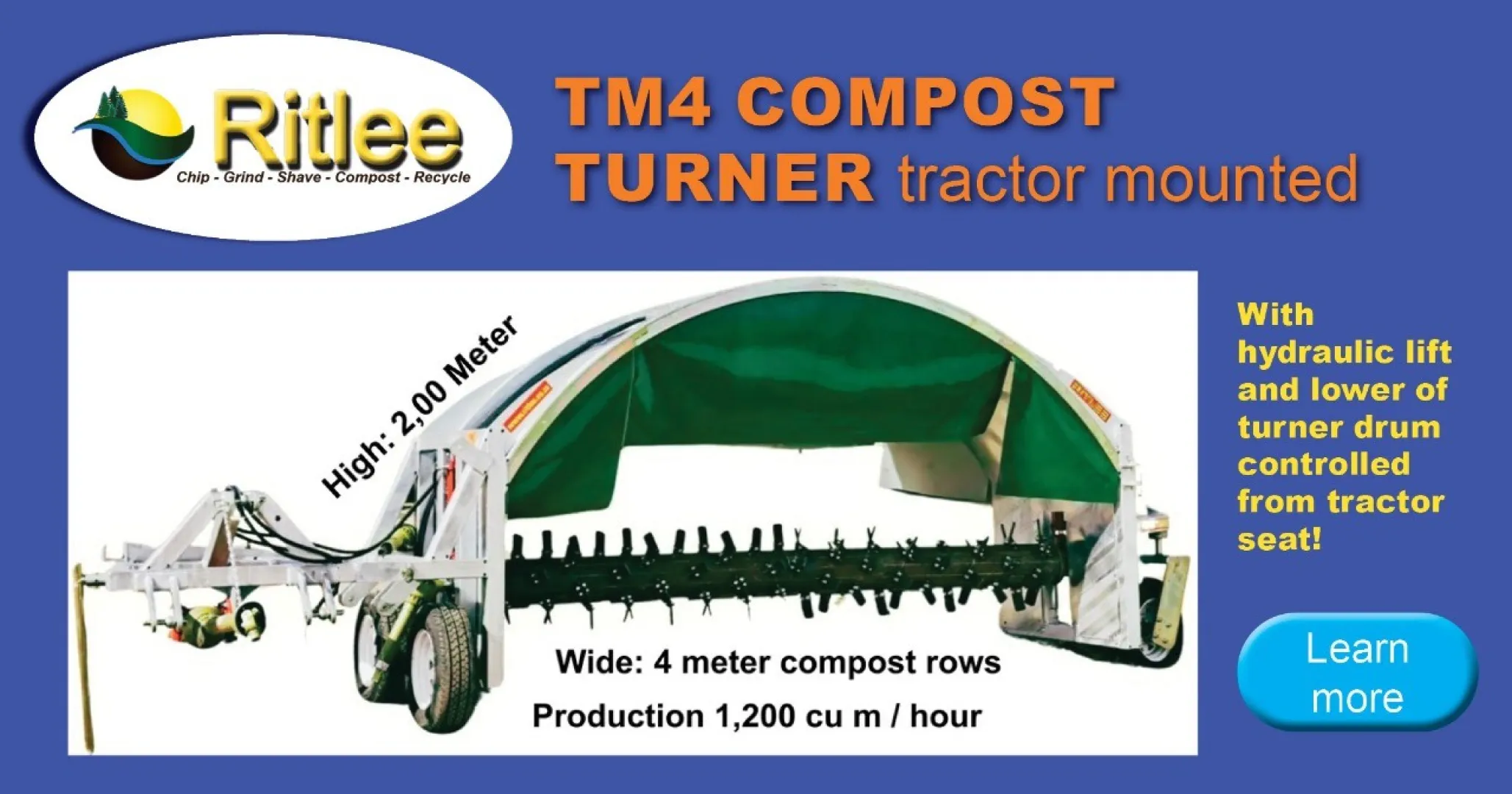 Ritlee TM4 compost turner tractor doing 4 meter wide x 2 meter high rows