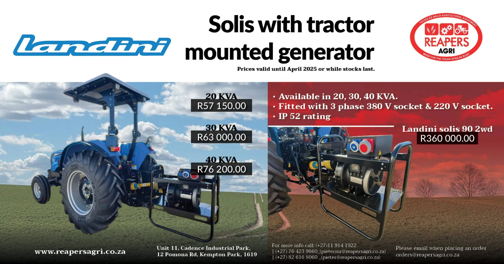 Landini Solis tractor with mounted generator | Reapers Agri