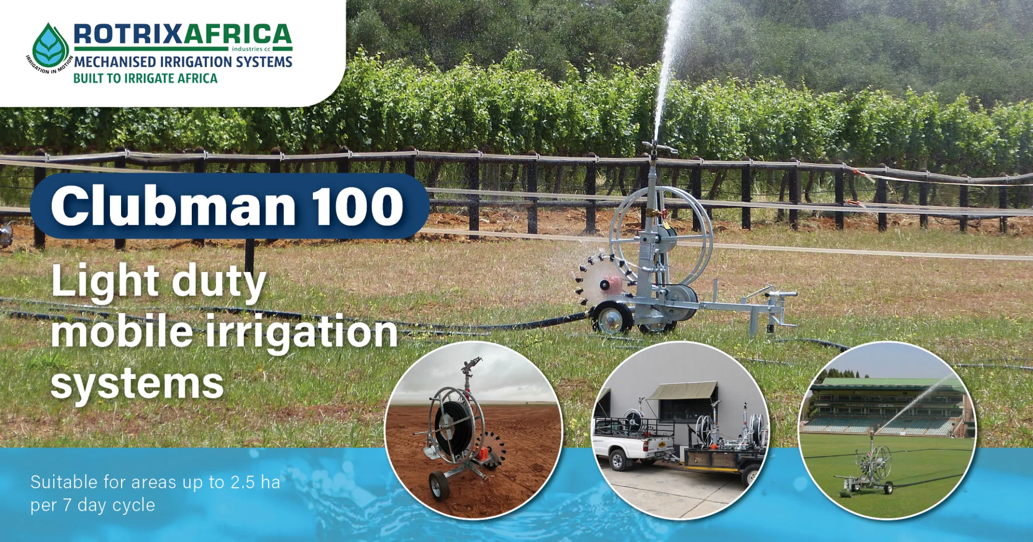 Clubman 100 light duty mobile irrigation system | H.E Jackson Engineering – trusted Rotrix partner