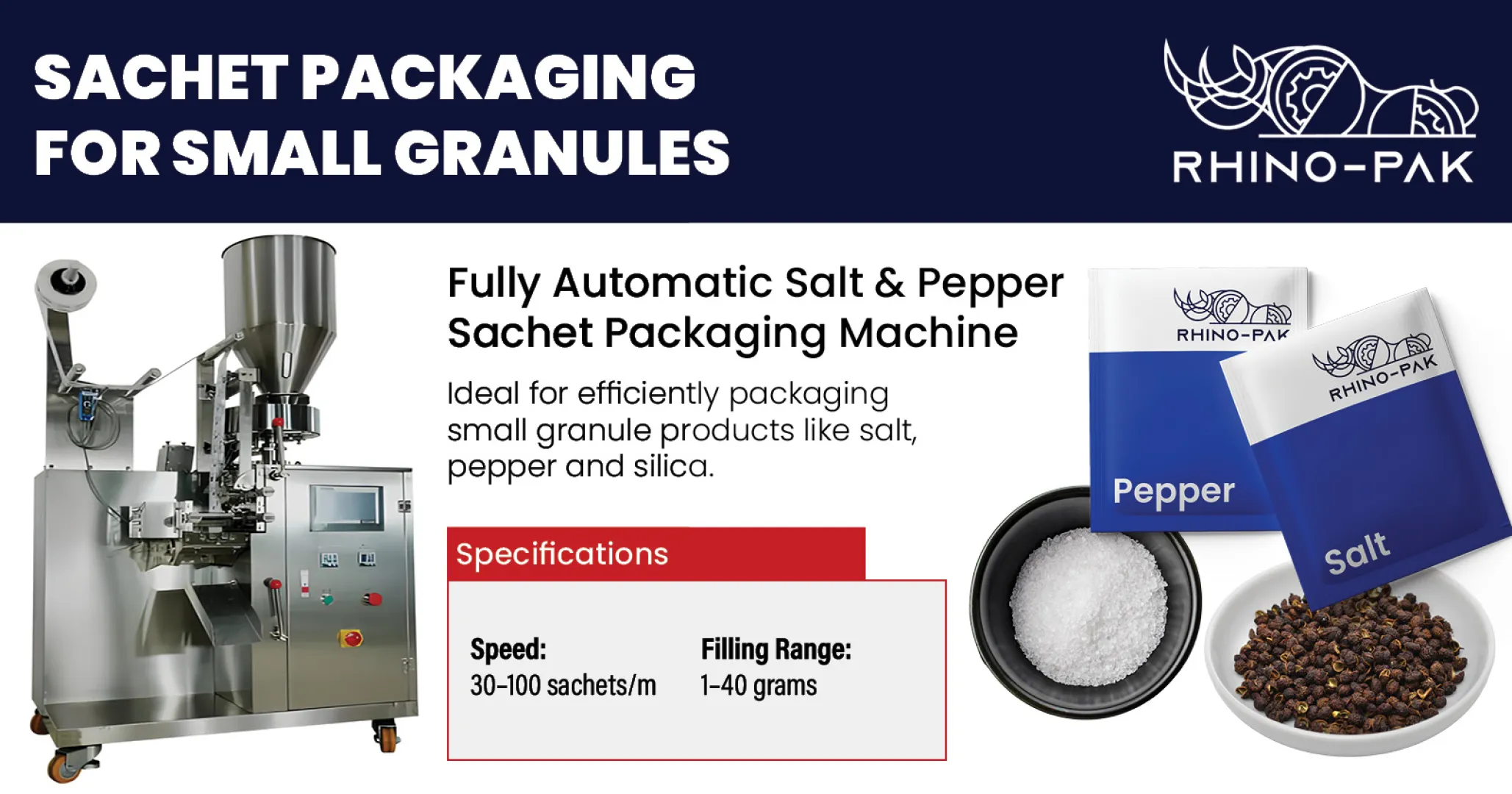 Fully automatic salt &amp; pepper sachet packaging machine | Rhino-pak