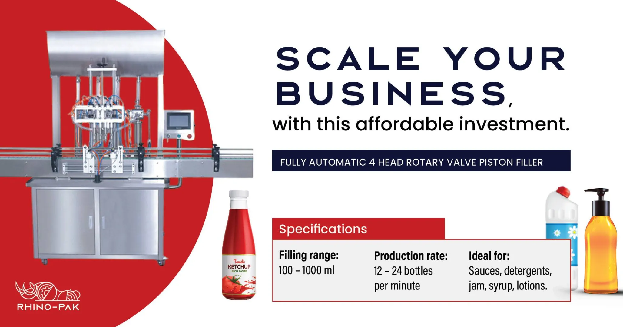 Fully Automatic 4 Head Rotary Valve Piston Filler | Rhino-pak