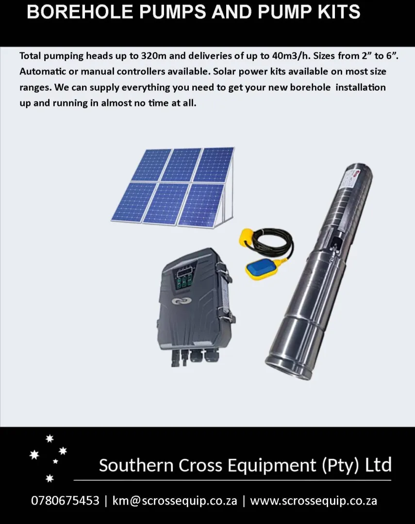Borehole pumps and pump kits. Direct mains or solar power.