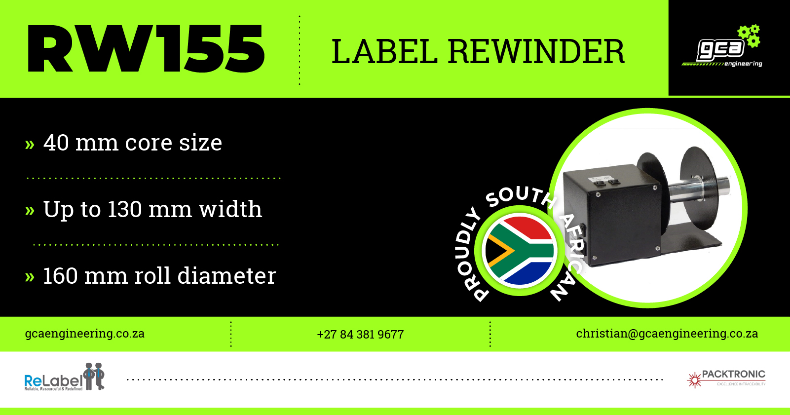 RW155 Label rewinder | Proudly South African precision | GCA Engineering