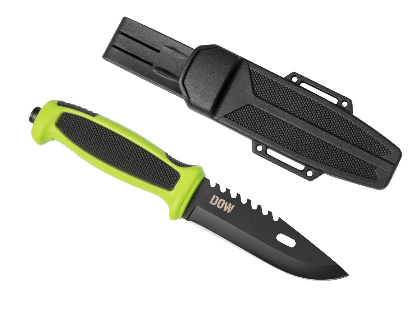 DOW. 9 Inch Fixed Blade, Black Blade, Green Rubber Grip handle (K2264) | Outdoor Innovation
