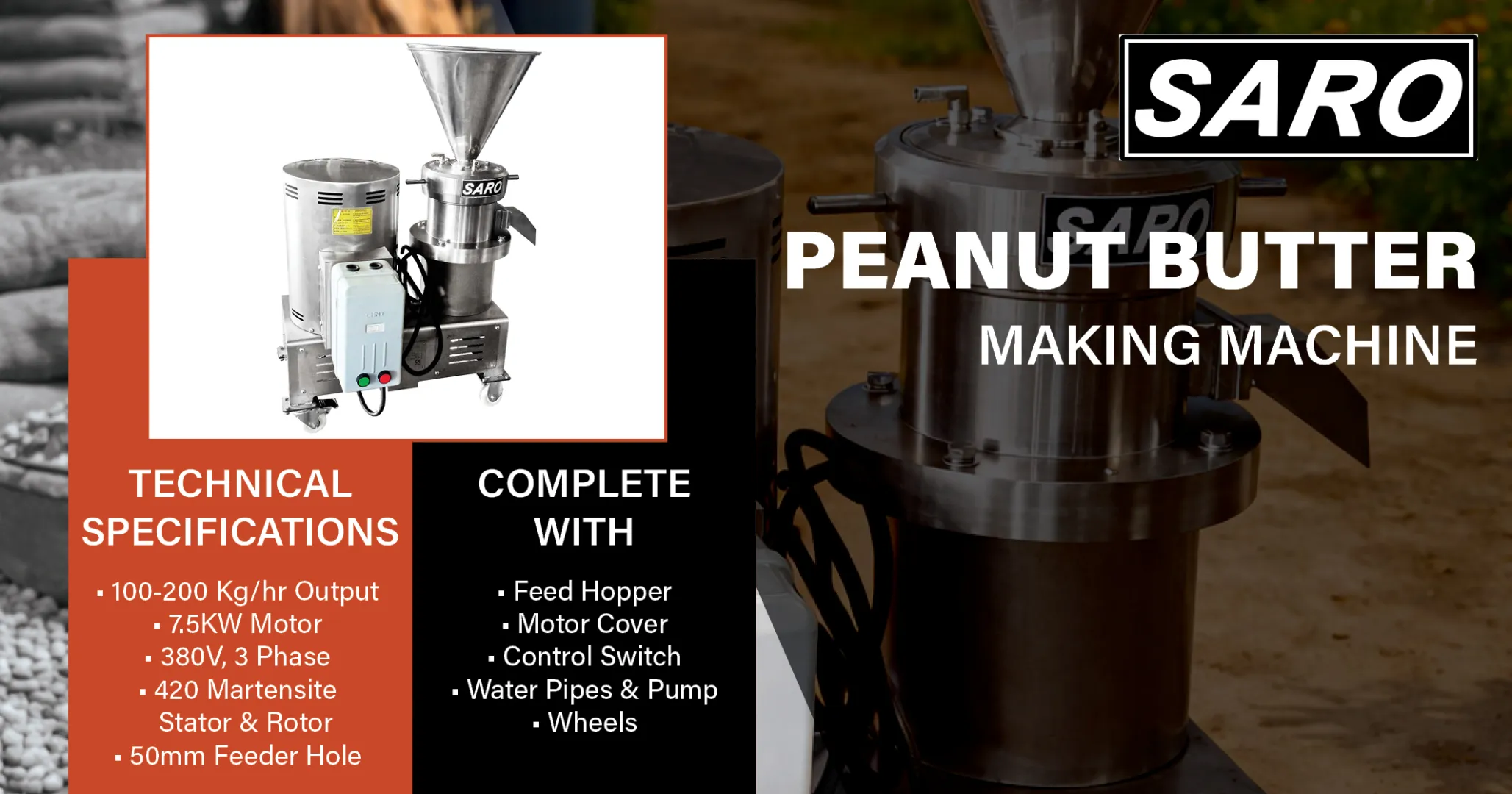 Peanut Butter Making Machine 7.5kw 3 Phase 100 - 200kg/hr Output | Saro Agro