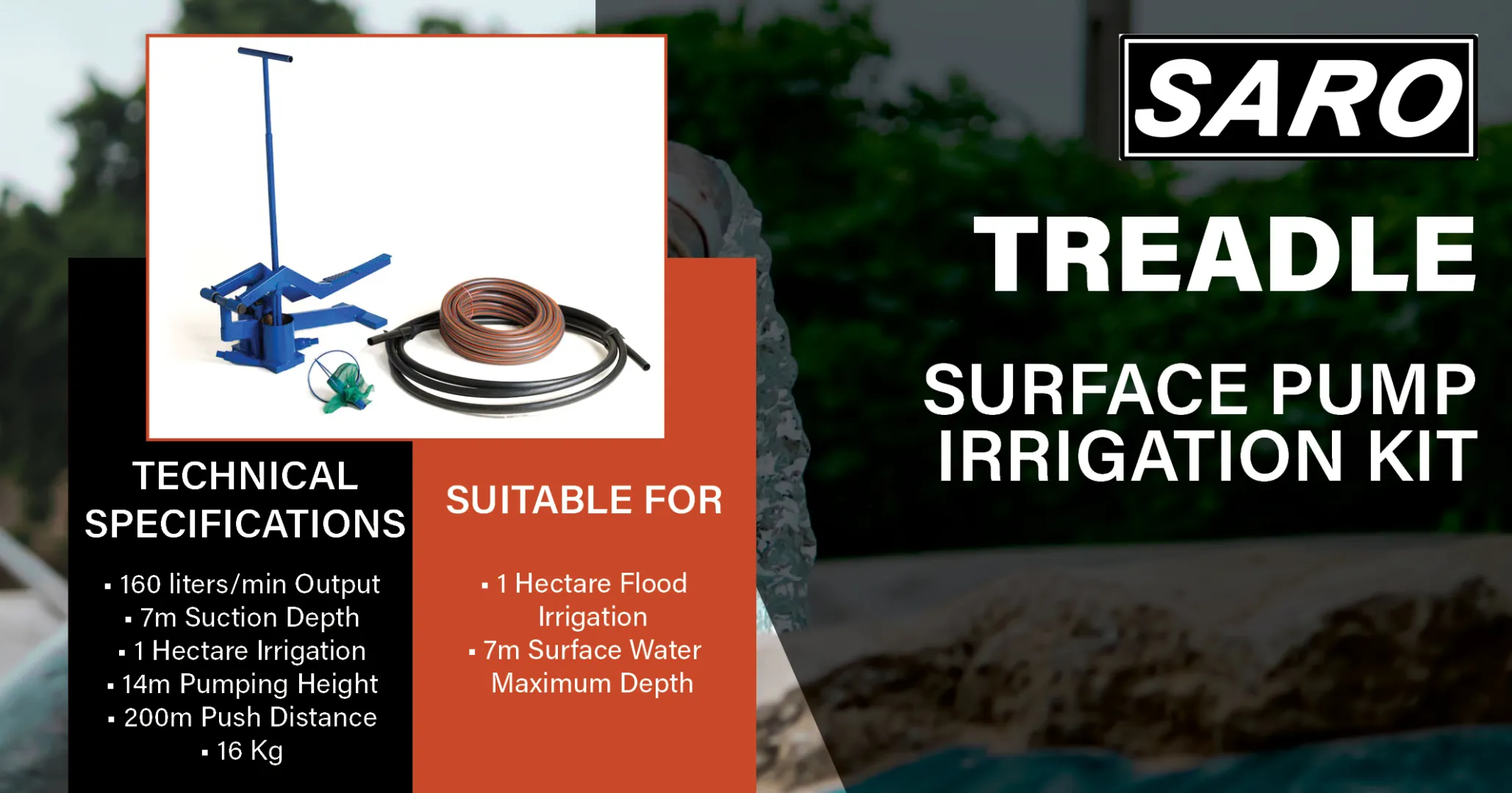 Treadle Surface Pump Irrigation Kit 160 Liters/min 1 Hectare Capacity | Saro Agro