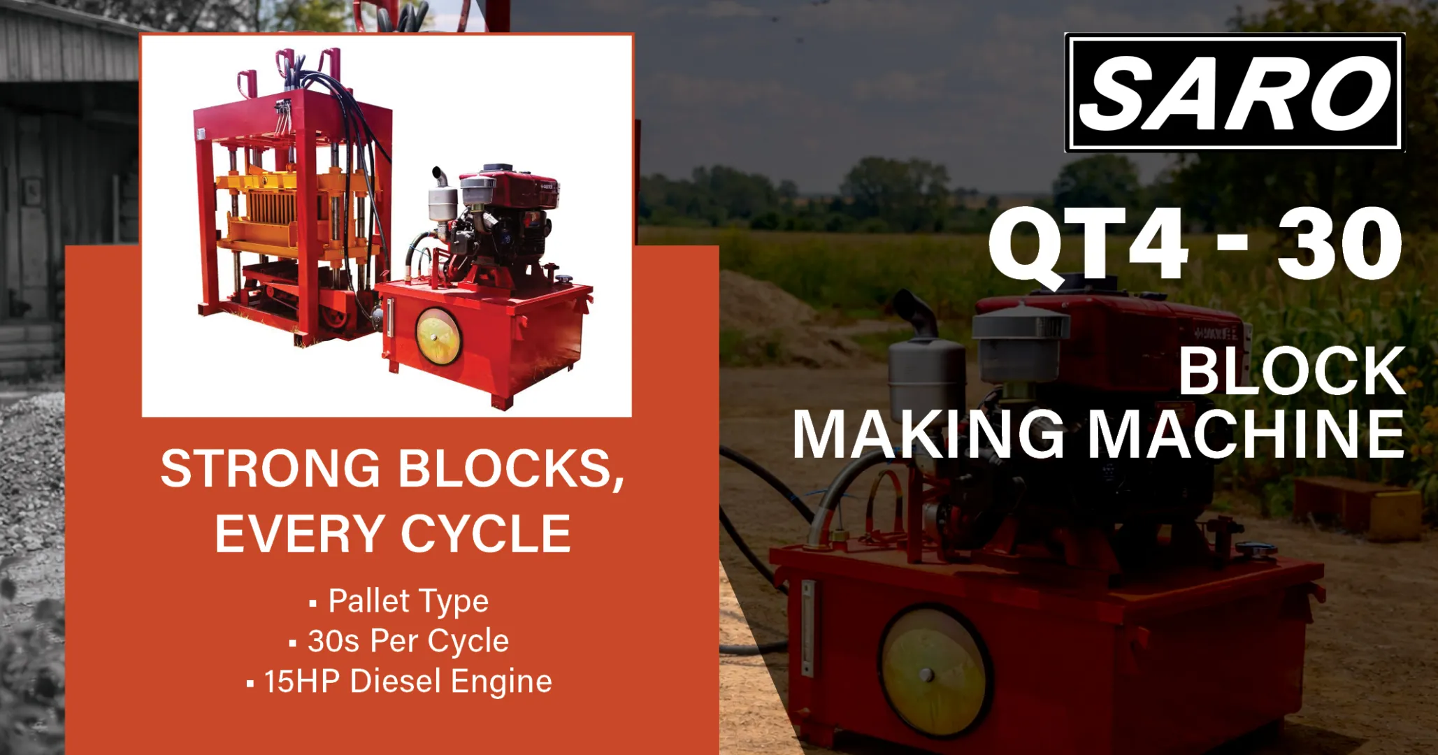 QT4-30 Block Making Machine 15HP Diesel Engine 30s Per Cycle | Saro Agro