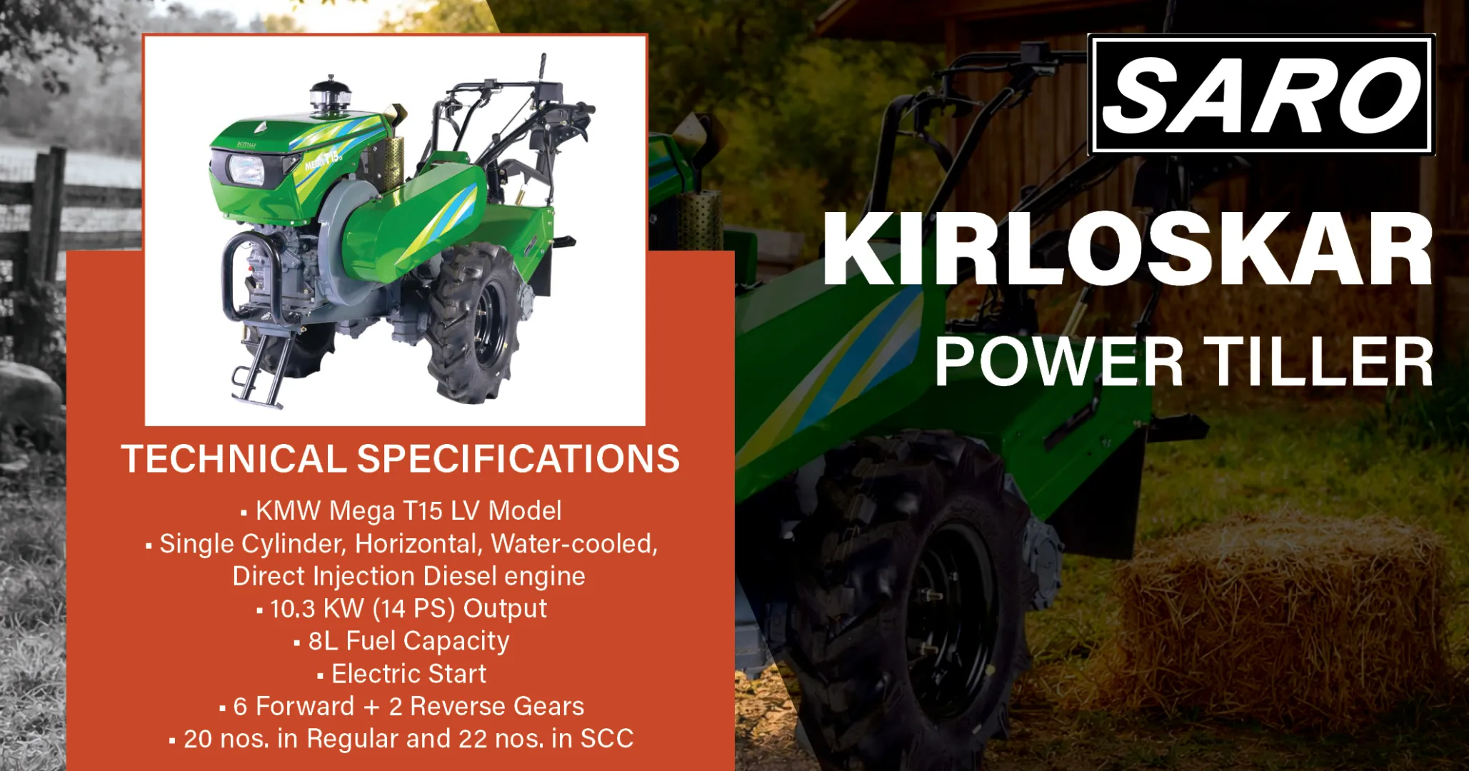 Kirloskar Power Tiller KMW Mega T15 LV Model - 10.3 KW Output | Saro Agro
