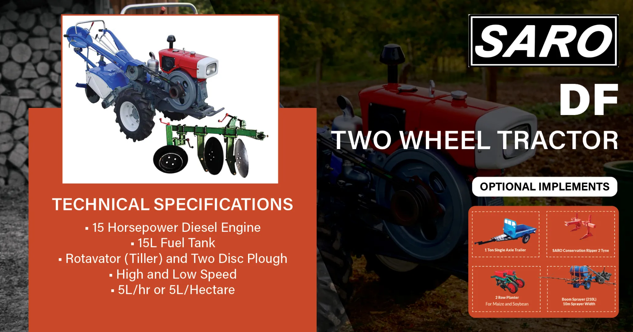 DF Two Wheel Tractor 15HP Diesel Engine | Saro Agro
