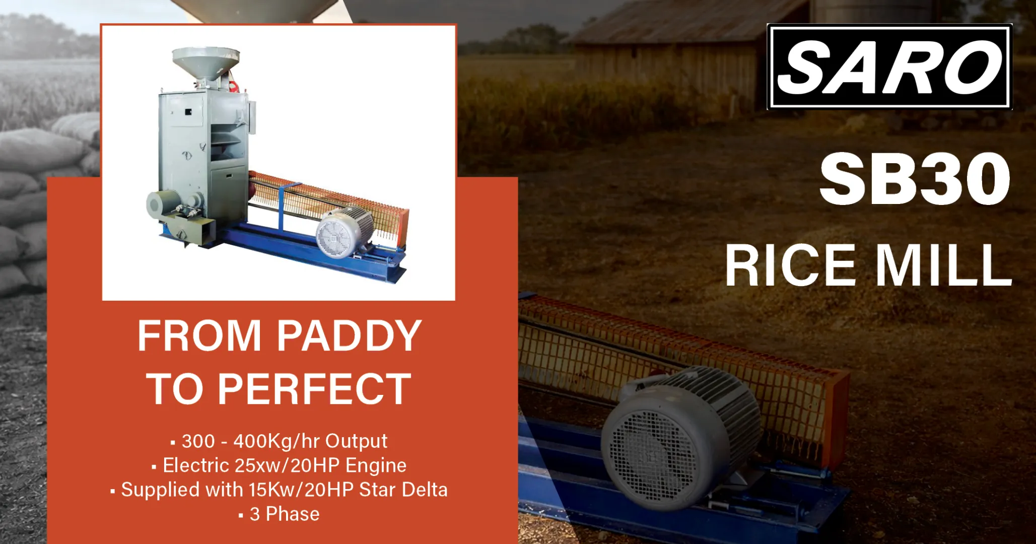 SB30 Rice Mill 20HP Electric 300 - 400kg/hr Output | Saro Agro