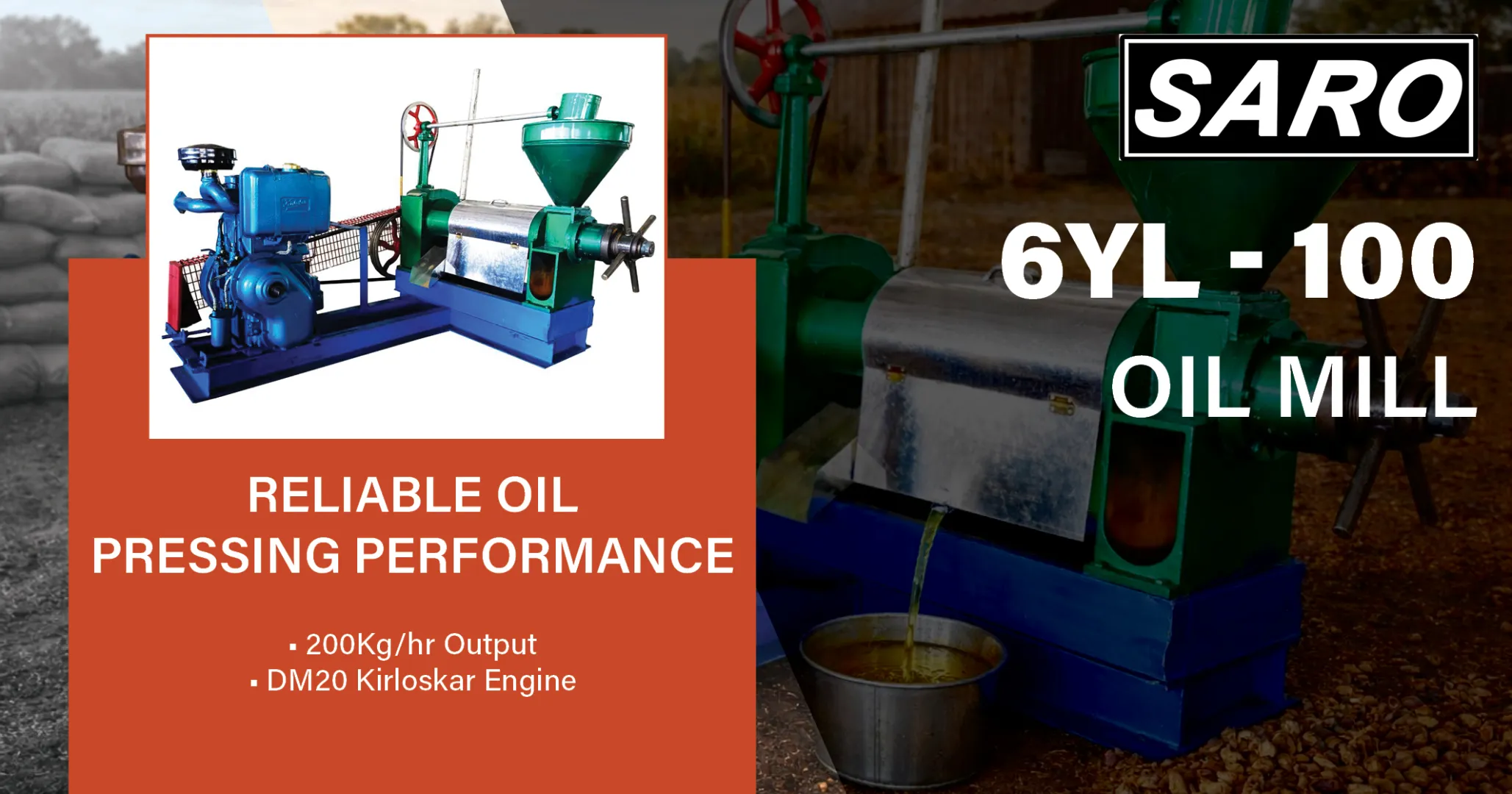 6YL-100 Oil Mill DM20 Kirloskar Engine 200kg/hr Output | Saro Agro