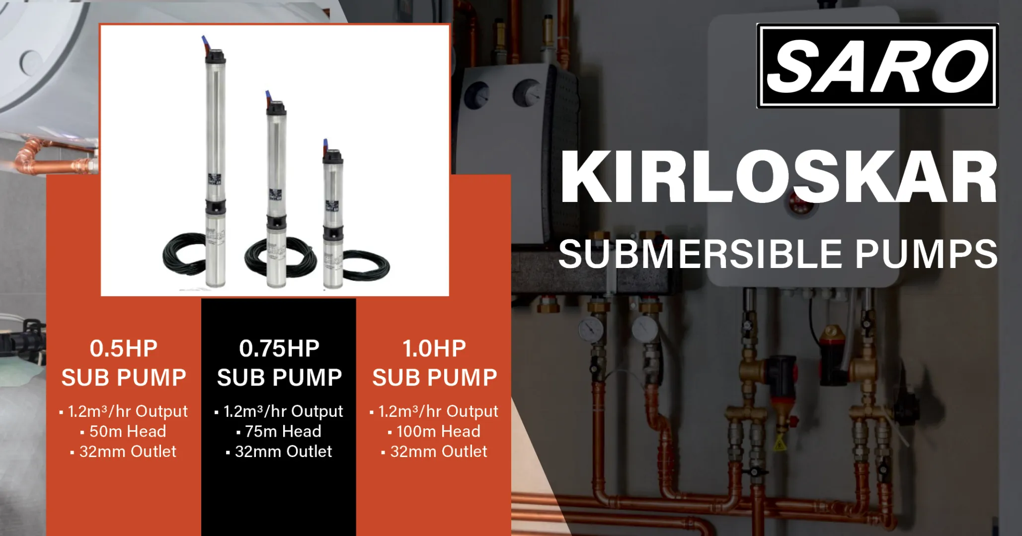 Kirloskar Submersible Pumps 0.5HP - 1.0HP Range 1.2m³/hr Output | Saro Agro