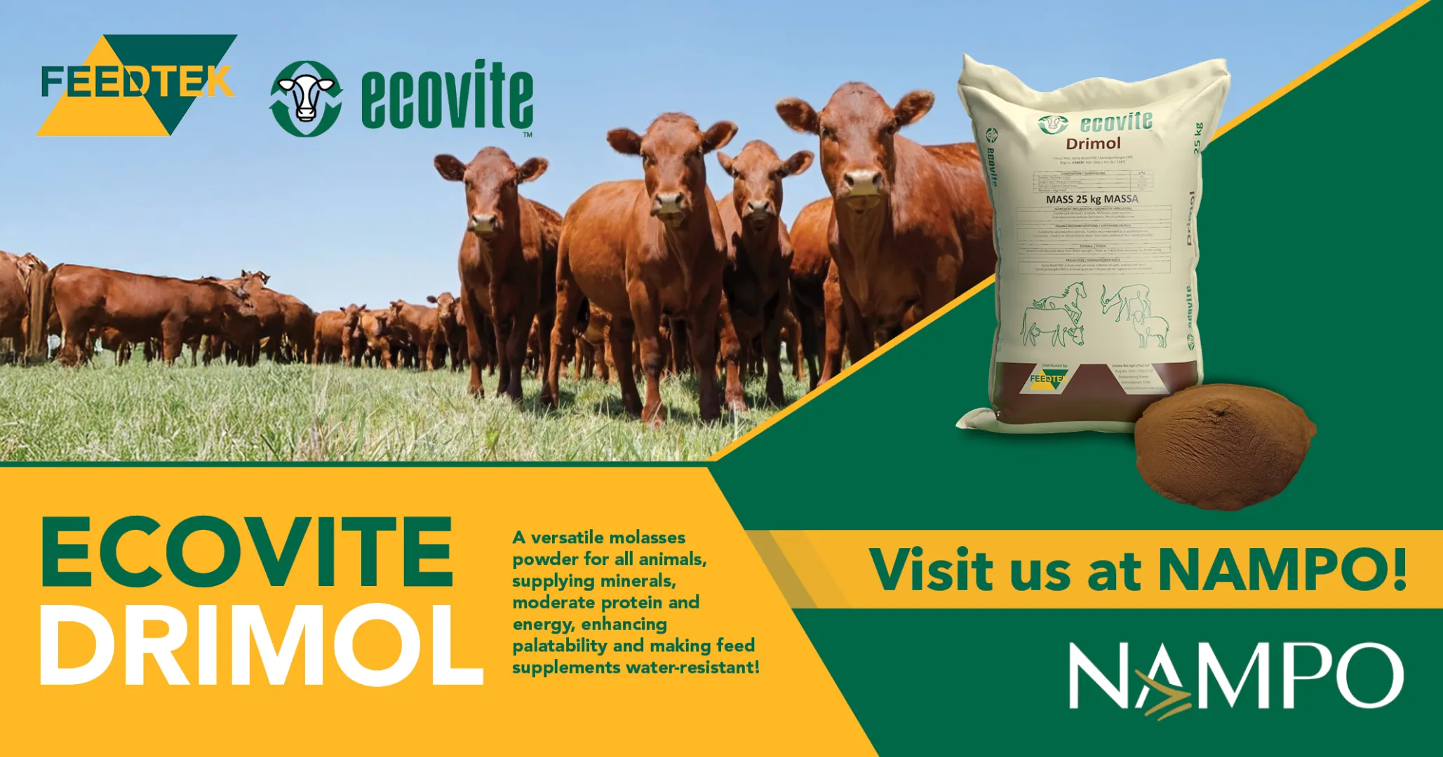 The all in one solution: Ecovite Drimol | Visit Feedtek Animal Feed Solutions at NAMPO 2026