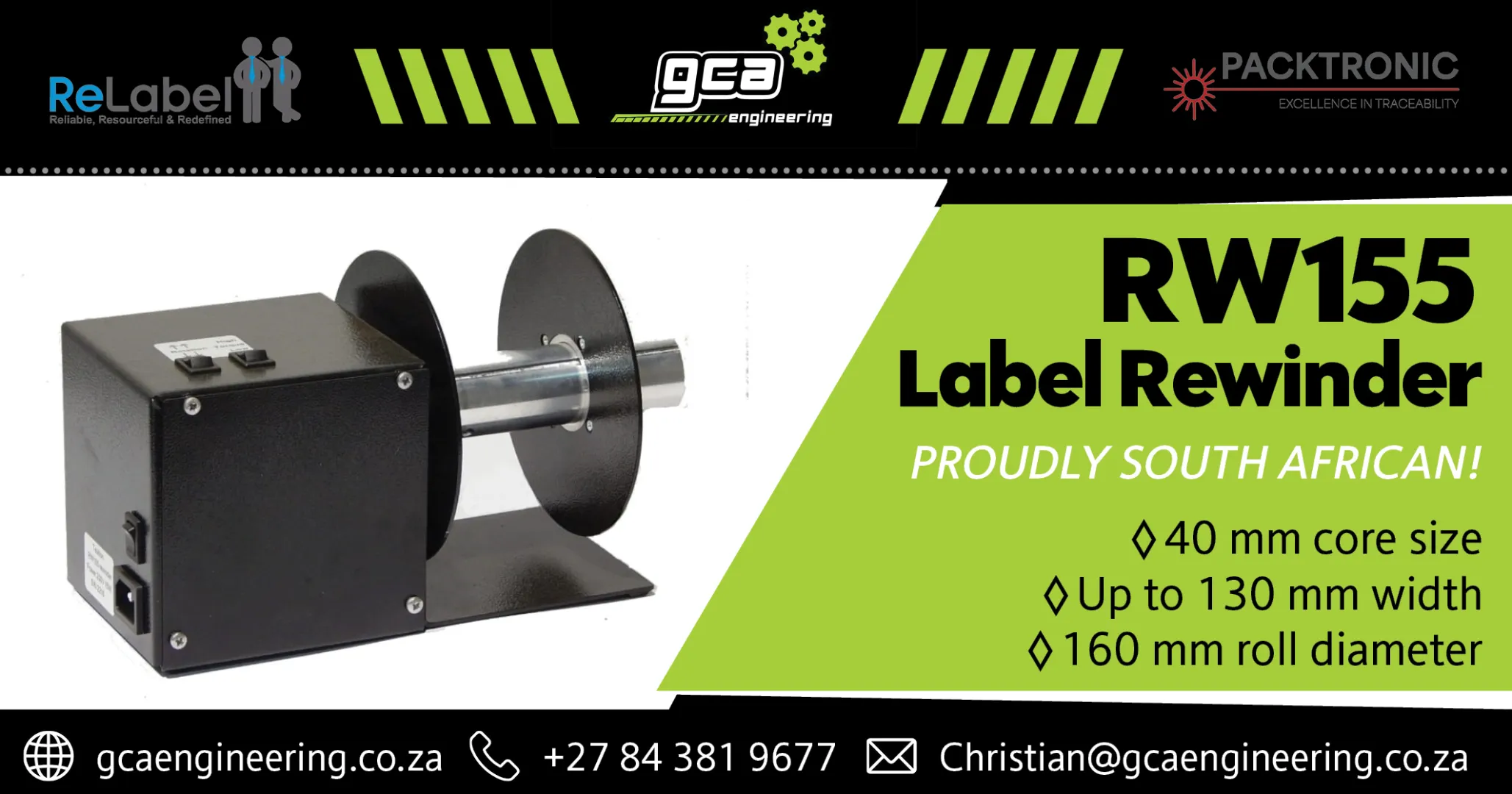 RW155 Label rewinder | Proudly South African precision | GCA Engineering