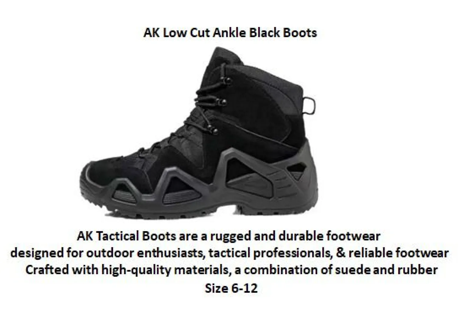 Size 6 to 12 | AK Low Cut Ankle Black Boots | Outdoor Innovation
